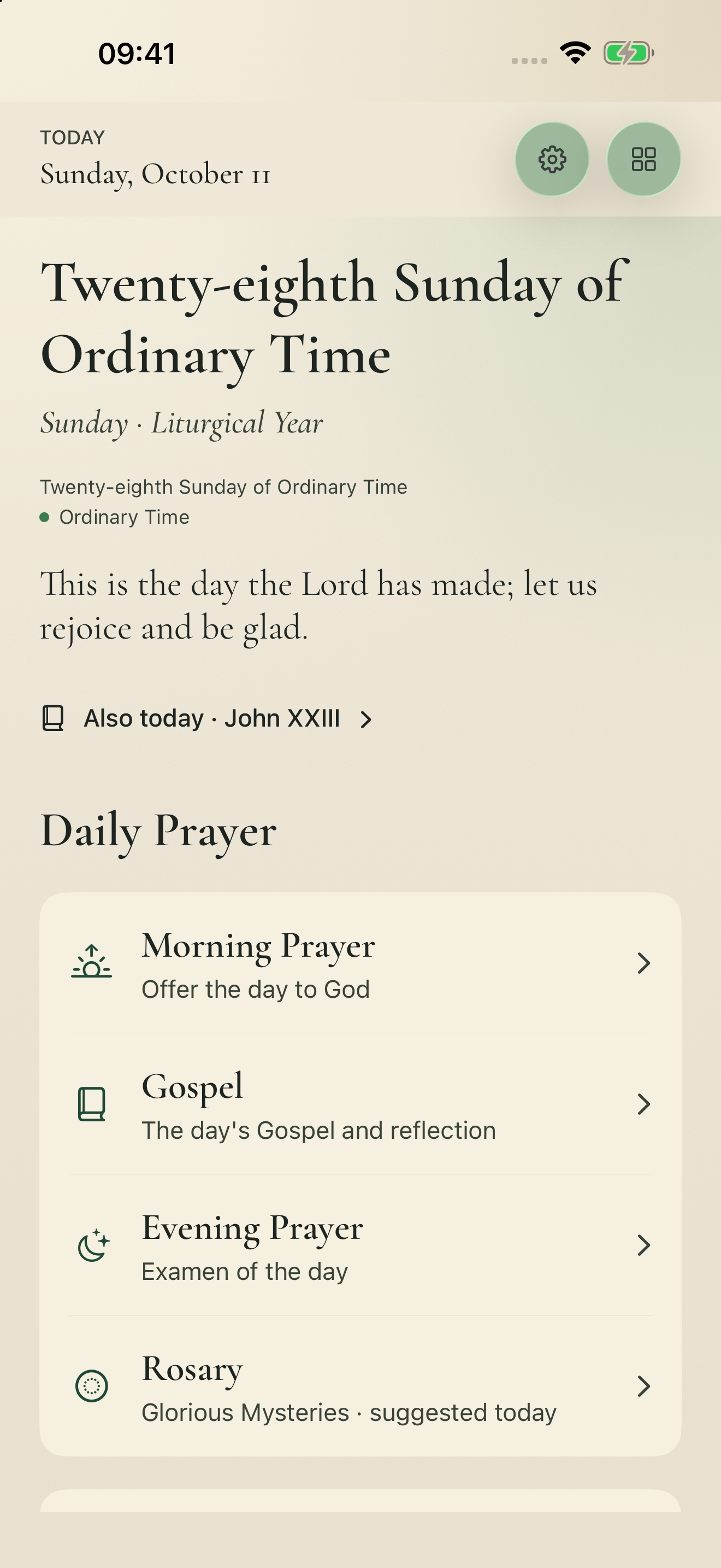 Ignis Today screen with the day’s Catholic liturgy, prayer and saint