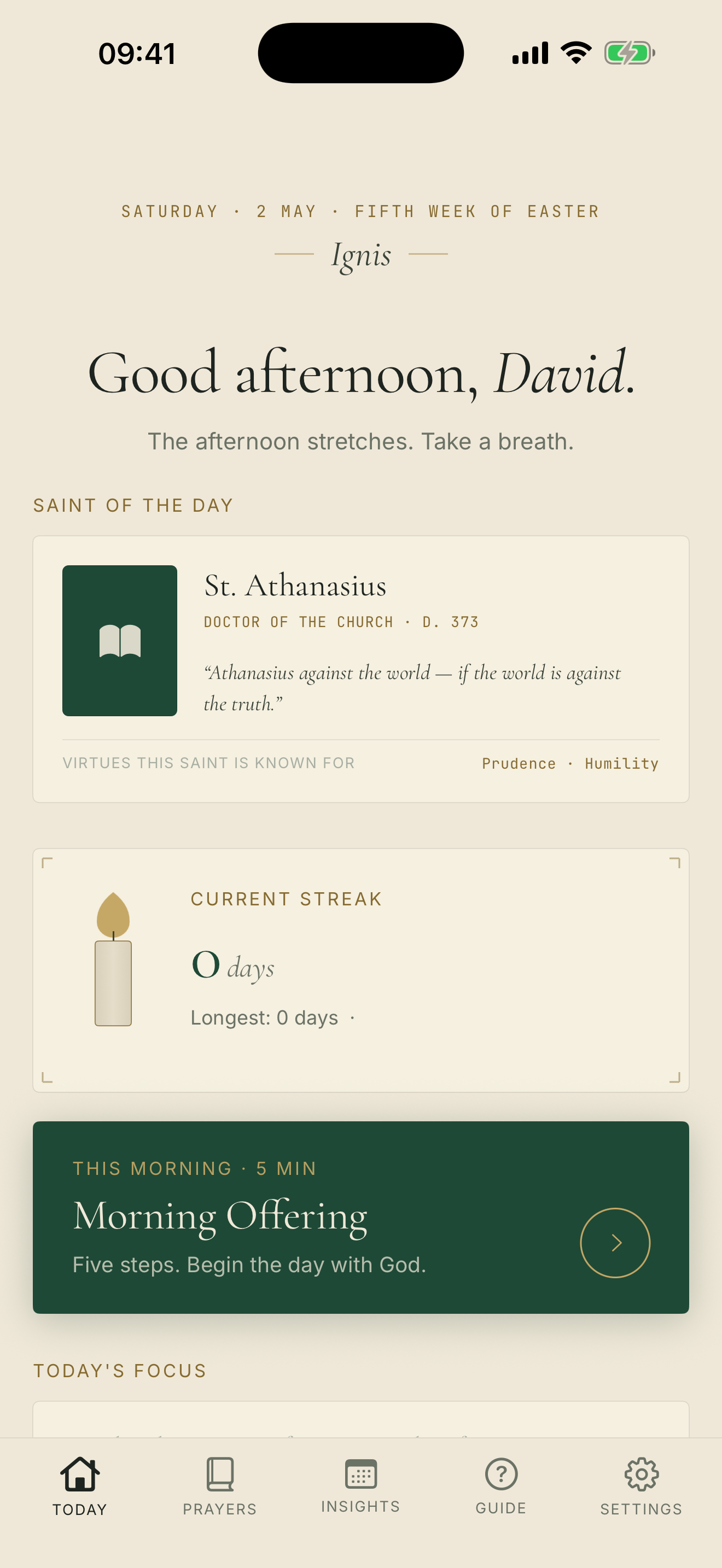 Ignis Today screen showing saint of the day, morning offering, and Examen actions.